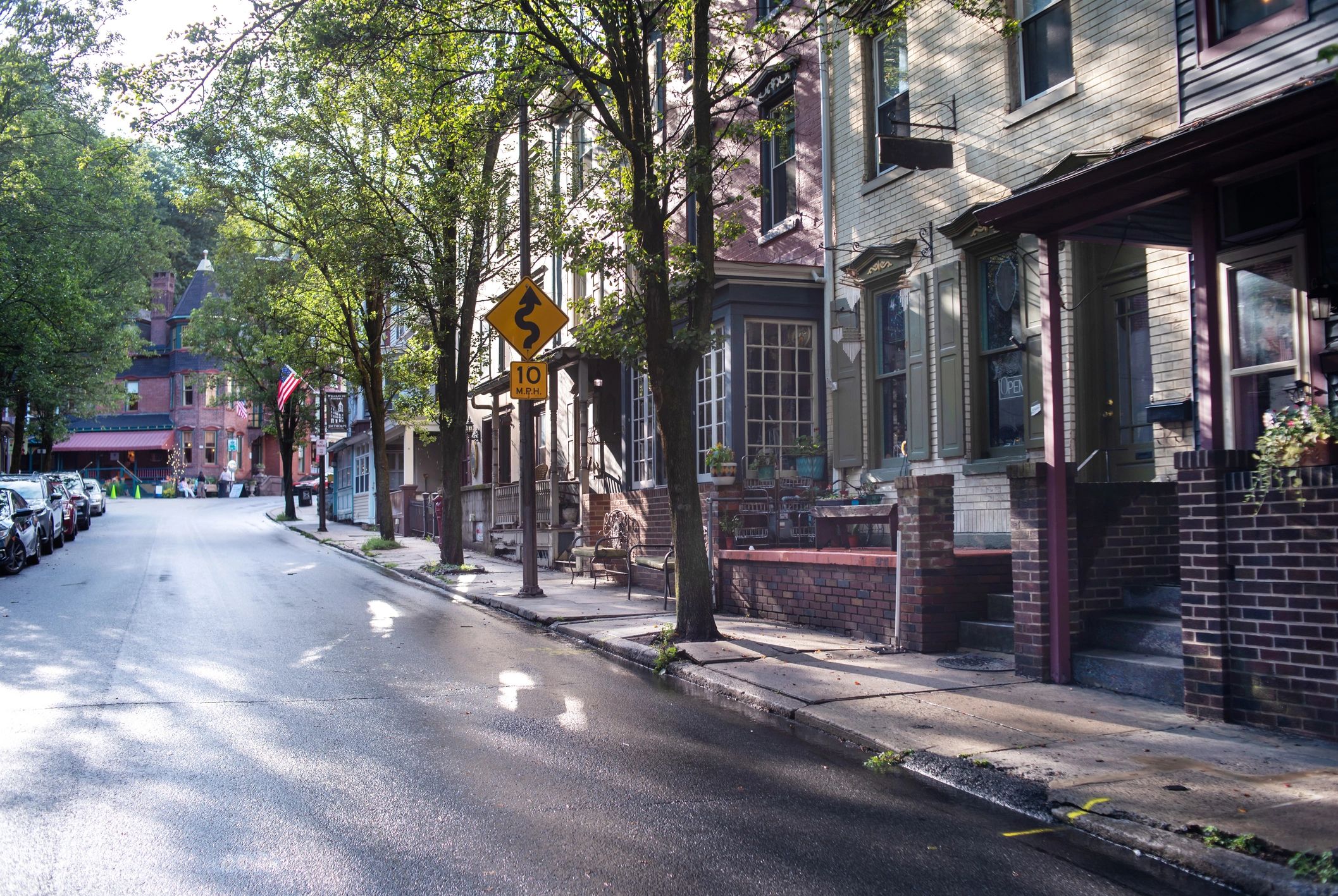 Victorian houses along a tree-lined small-town street
